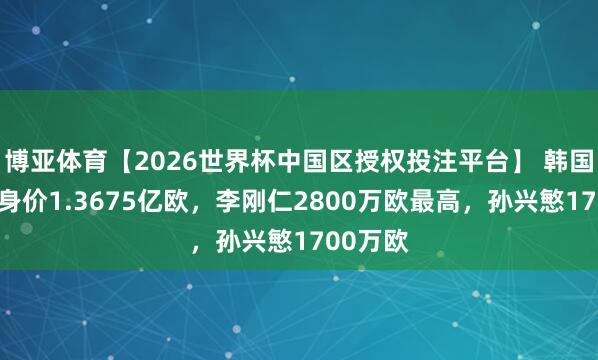 博亚体育【2026世界杯中国区授权投注平台】 韩国大名只身价1.3675亿欧，李刚仁2800万欧最高，孙兴慜1700万欧